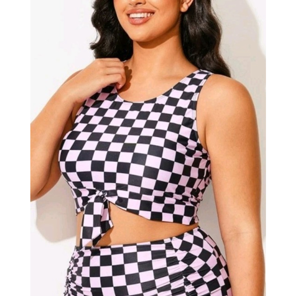 NEW Women's Meet.Curve Black Pink Checkered Tie-Front Swimsuit Top 3X Crop Top